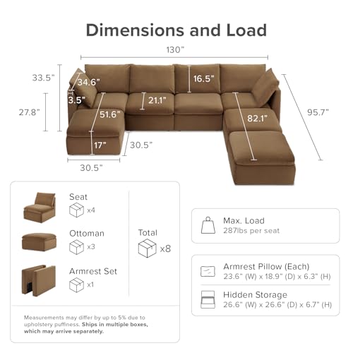 mopio Oversized Modular Sectional Sofa with Fully Removable Covers and Storage, Convertible U & L Shaped Sectionals, Modern Cloud Couch with Ottoman Chaise (Hazelnut Velvet, 7 Seats, U) - color: [Gen 2] Hazelnut Velvet, size: 7 Seats, U