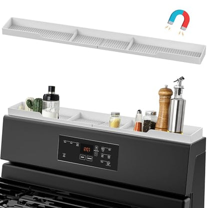 AWOKE Stove Top Shelf 30 Inch - Silicone Material Magnetic Shelf for The Stove - 3 Functional Partitions Kitchen Spice Rack Organizer - White - color: White
