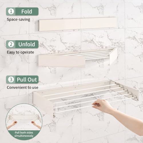 31.5-Inch Wall Mounted Foldable Clothes Drying Rack, White | Space-saving rack folds against the wall when not in use and includes a mounting template for indoor or balcony drying - color: White, W31.5''