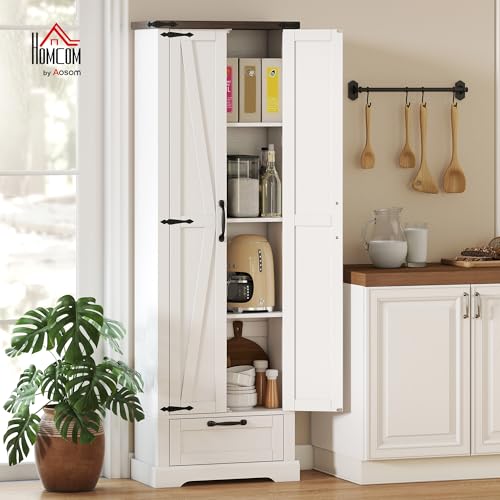 HOMCOM 71" Tall Kitchen Pantry Storage Cabinet Barn Doors Drawer White | Farmhouse, Adjustable Shelves, Freestanding Food Pantry Cabinet, for Kitchen, Dining Room - color: White