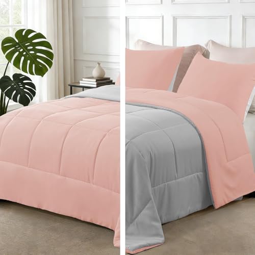 Exclusivo Mezcla Reversible Soft Oversized Queen Comforter Set, 3 Pieces | Blush Pink/ Light Grey Lightweight Microfiber Down Alternative Comforters, All-Season Bedding with 2 Pillow Shams - color: Blush Pink/Light Grey, size: Oversized Queen(98''x98'')