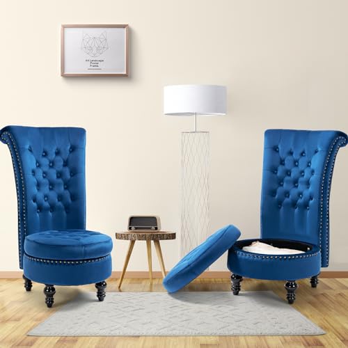 AVAWING High Back Velvet Tufted Throne Chairs with Storage Set of 2, Blue | Tufted Nailhead Design; Hidden Storage; Soft Velvet; Sturdy Wood Legs 330Lbs; High Density Foam; Ergonomic Back - color: Blue