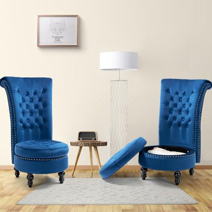 AVAWING High Back Velvet Tufted Throne Chairs with Storage Set of 2, Blue | Tufted Nailhead Design; Hidden Storage; Soft Velvet; Sturdy Wood Legs 330Lbs; High Density Foam; Ergonomic Back - color: Blue
