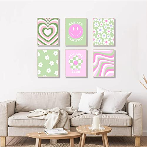 KBKBART Danish Pastel Room Decor Aesthetic Posters, 6pcs Green and Pink Wall Art Prints, Cute Flower Smile Face Positive Quotes for Teens, Girls, Women, Dorm, Living Room（8x10inch, Unframed - color: Danish Pastel Posters-unframed, size: 8x10 inch