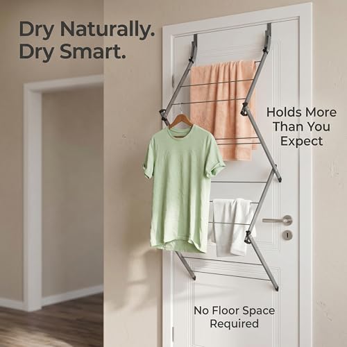 Over Door Clothes Drying Rack, 10 Bar Foldable Hanging Drying Rack, Space Saving Laundry Organizer, Heavy Duty Clothes Airer Indoor & Outdoor Garment Storage Solution (Grey)
