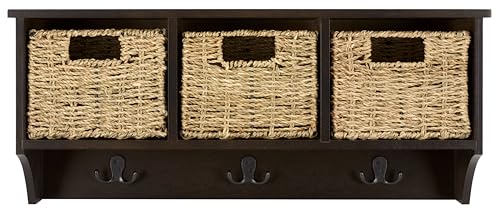 SAFAVIEH Home Collection - Finley Dark Chocolate Brown Wall Mounted 3-Basket Storage Rack with Hooks & Seagrass Baskets (HAC5700D) - color: Dark Chocolate