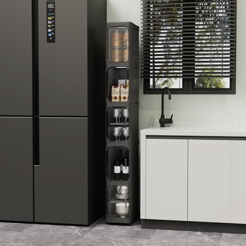 Slim Bathroom Storage Cabinet with Magnetic Clear Doors, Foldable Narrow Storage Organizer with Wheels, No-Tool Assembly Plastic Skinny Cabinet for Small Spaces, Kitchen, Laundry - color: Black, size: 5-Tiers