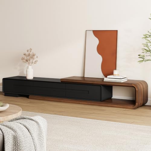 Squireewo 81"-111" Extendable TV Stand for 75 80 85 100 Inch TV, Modern Entertainment Center with 3 Large Storage Drawers & Open Shelves, Low Profile TV Stand with Rounded Corners, Black & Walnut - color: Black & Walnut