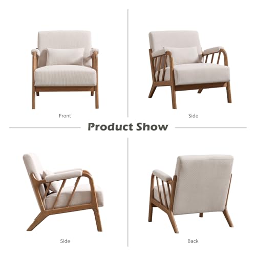 IOMOR Mid Century Modern Accent Chair with Solid Wood Frame, Upholstered Living Room Chairs with Lumbar Cushion Padded Arms, Reading Armchair for Bedroom (1, Beige) - color: Beige