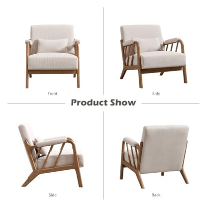 IOMOR Mid Century Modern Accent Chair with Solid Wood Frame, Upholstered Living Room Chairs with Lumbar Cushion Padded Arms, Reading Armchair for Bedroom (1, Beige) - color: Beige
