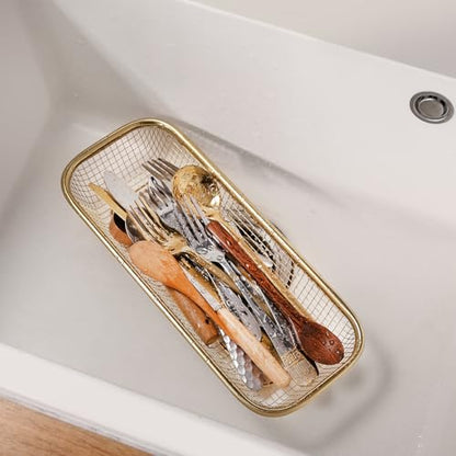 4Pack Stainless Steel Tumbler Cup Lid Organizer, Mason Jar Lid Holder | Rectangular, Stainless Steel Mesh, Cabinet Storage Basket, Silverware, Chopsticks, Straws, Utensils, Gold Color - style: GoldModern-4pack