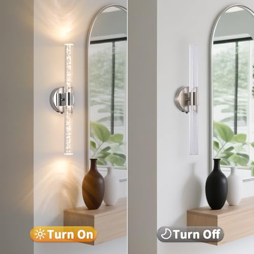 Modern LED Battery Operated Wall Sconces Set of Two, Dimmable Bathroom Crystal Wall Sconce, USB Rechargeable Brushed Nickel Vanity Wall Lamp, Bubble Wall Lights For Bedroom, Living Room. 20-Inch - color: Brushed Nickel