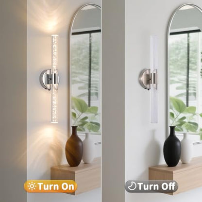 Modern LED Battery Operated Wall Sconces Set of Two, Dimmable Bathroom Crystal Wall Sconce, USB Rechargeable Brushed Nickel Vanity Wall Lamp, Bubble Wall Lights For Bedroom, Living Room. 20-Inch - color: Brushed Nickel