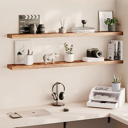 Ballucci Floating Shelves, 55" Wood Wall Shelf Set of 2, with Invisible Brackets for Bathroom, Living Room, Bedroom, Kitchen, Nursery, 6" Deep, Rustic Brown - color: Rustic Brown, size: 55.1 inches