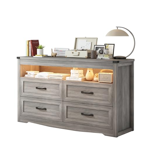 Grey Dresser for Bedroom, Wooden 4 Drawer Dresser with LED Light, Dressers & Chests of Drawers with Metal Handles, Storage and Organization for Bedroom, Hallway, Entryway, Gray - color: Grey, style: LED 4 Drawers