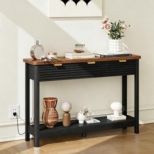 Fluted 47.2" Console Table with Outlets and USB C, Narrow Entryway Table with 3 Drawers, Modern Wood Sofa Table Behind Couch for Living Room, Black & Walnut - color: Entryway Table-black