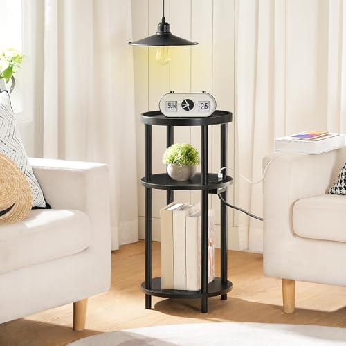 HOOBRO Small Round Side Table with Charging Station, 3-Tier Round Bamboo End Table, Compact Sofa Bedside Table for Small Space, Easy Assembly, for Living Room, Bedroom, Apartment, Black BB152UBZ01 - color: Black