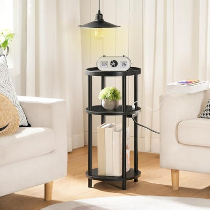 HOOBRO Small Round Side Table with Charging Station, 3-Tier Round Bamboo End Table, Compact Sofa Bedside Table for Small Space, Easy Assembly, for Living Room, Bedroom, Apartment, Black BB152UBZ01 - color: Black