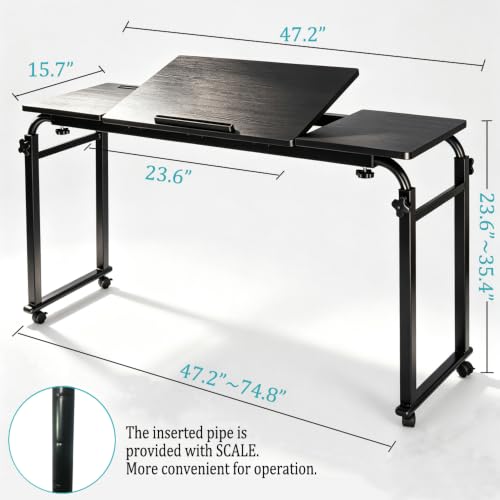 Overbed Bedside Table with Wheels Portable Rolling Laptop Desk Cart Computer Table Over The Bed Table Adjustable Height and Length with Tilt Stand Board for Bed Hospital Home and Office (Black-M) - color: Black-m