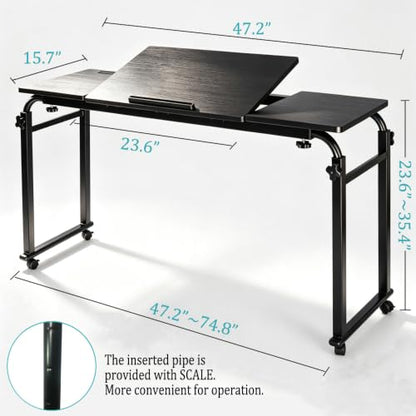 Overbed Bedside Table with Wheels Portable Rolling Laptop Desk Cart Computer Table Over The Bed Table Adjustable Height and Length with Tilt Stand Board for Bed Hospital Home and Office (Black-M) - color: Black-m