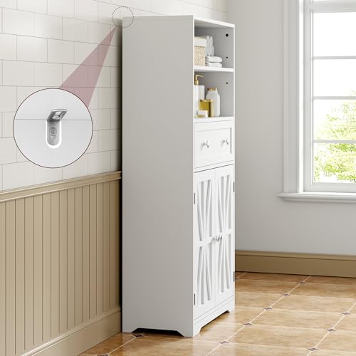VECELO Bathroom Floor Storage Cabinet with Drawer, Freestanding Storage Unit with Adjustable Shelves, Open Compartments, for Bathroom, Living Room, Kitchen, White