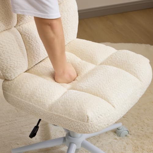 VINGLI Cute Armless Small Vanity Chair w/Plush Cushion &Fluffy Backrest, Comfy Swivel Chenille Office Desk Chair with 360° Wheels, Height Adjustable Makeup Chair for Bedroom&Dressing Room,Beige White - color: Beige White