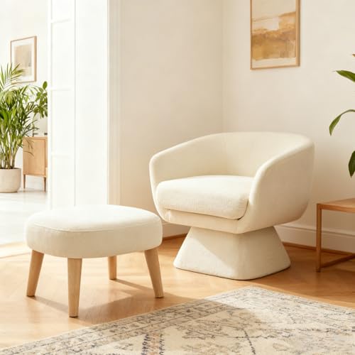Swivel Barrel Chair and Ottoman Set, 360 Degree Club Chair, Comfy Boucle Armchair and Footstool, Upholstered Accent Sofa Chair w/Footrest for Living Room Bedroom Reception Room, White - color: White, size: Swivel chair