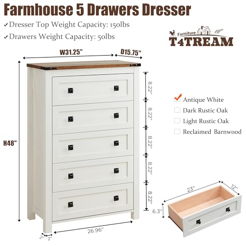 T4TREAM 48" Tall Farmhouse 5-Drawer Dresser for Bedroom, Antique White | Rustic chests of drawers, Wood Storage Cabinet, Metal Handle, Unique Corner Accent, Bedroom, Living Room, Hallway - color: Antique White, size: 15.8"D x 31.3"W x 48"H (5 Drawers)