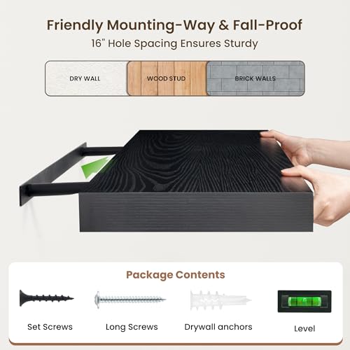 40 Inch Floating Shelves, 12'' Deep Black Shelves for Wall Set of 2 | Invisible Brackets, Engineered Wood, Mounting Hardware Included, 55LBS, Bathroom, Laundry Room, Kitchen, Living Room - color: Black, size: 40W x 11.6D x 2H, 2 Pack