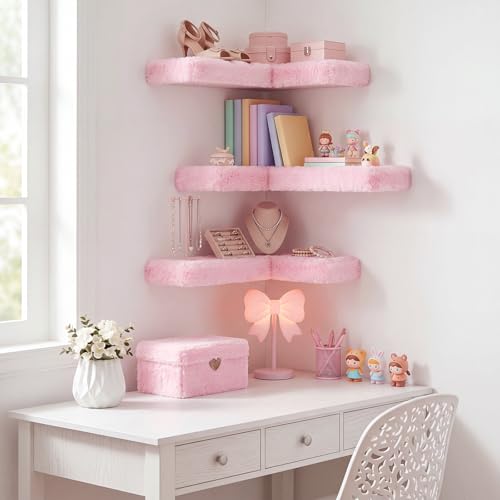 Pinkunn 3 Pack Pink Floating Corner Shelves for Wall Fuzzy Display Nail Polish Rack L-shaped Hanging Display Wall Mounted Shelf for Storing Valuable Collectible Perfume Cosmetics Handbags Vanity Decor
