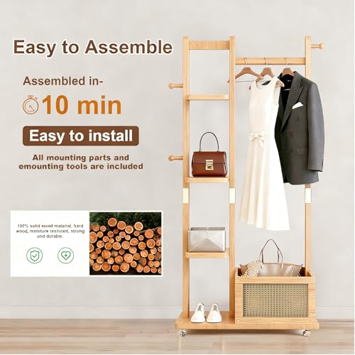 Solid Wood Clothes Rack with Wheels, Rolling Clothing Rack with 4 Shelves & 4 Hooks, Oak Coat Rack Freestanding Heavy Duty with Storage Basket, Coat Hanger Stand for Garment Bags Wallets Hats Shoes - color: Natural Wood