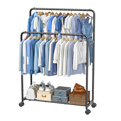 Simple Trending Clothing Clothes Rack, Double Rod Garment Rack, Black | Portable Closet with Bottom Shelf, Anti-Slip Stoppers, 360° Lockable Wheels, Multiple Uses, Bedroom, Laundry Room - color: Black