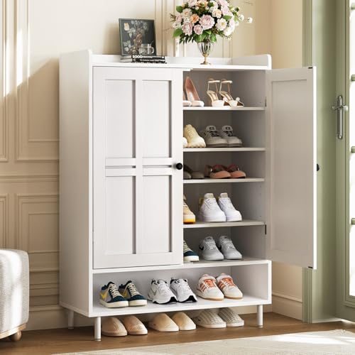 Shoe Cabinet with Cross Molding Doors, 6-Tier Storage, White | 45'' Tall Shoe Storage Organizer with 3 Adjustable Shelves & Metal Legs, Freestanding Wood Shoe Rack for Entryway, Front Door - color: White