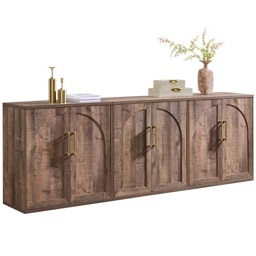 Arched Door Sideboard Buffet Cabinet Set of 3, Rustic Oak | Modular, Multi-Compartment Storage, Adjustable Shelf, Soft Close Hinges, Freestanding, for Dining Room, Living Room - color: Rusti Brown
