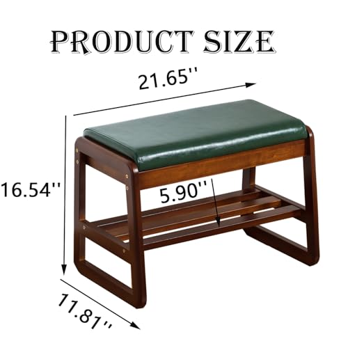 latifolia Solid Wood Bench, Entryway Shoe Bench with Cushion, 2 Tier Shoe Storage Organizer for Hallway, Living Room(Green,21.65''L) - color: Green, size: 21.65''L