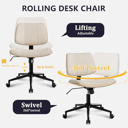 Modern Armless Office Chair with Wheels, Wide Seat Walnut, Beige | Adjustable Swivel Desk Chair with Mid Back & Tilt Function, Faux PU Leather Mid Century Modern Task Office Chair, 300LBS Cap - color: Beige, size: MCM Style Wide Seat