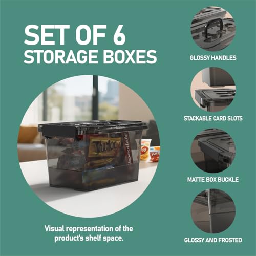 6 Pack Clear Black Plastic Storage Bins with Lids and Handles, Stackable Organizer Small Latch Boxes, Storage Containers for Organizing (4 Quart)