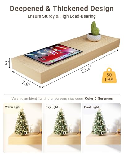24 inch Long White Oak Floating Shelves for Wall, 8in Deep, Set 2 | 2" Thick Wood Wall Shelf, Heavy Duty Bracket, Bathroom Bedroom Kitchen Living Room, Non-tilting, 50LBS Capacity - color: White Oak, size: 23.6 x 7.9 x 2 (2pc)