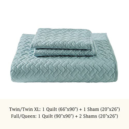EMME Quilts Queen Size Bedding Sets, Lake Blue Bedspread Soft Lightweight Pre-Washed Quilt, 3 Piece Cozy Reversible Microfiber Coverlet with Pillow Sham (Basket Weave,90"x90") - color: 10-lake Blue (Basket Weave), size: Full/Queen(90" x 90")