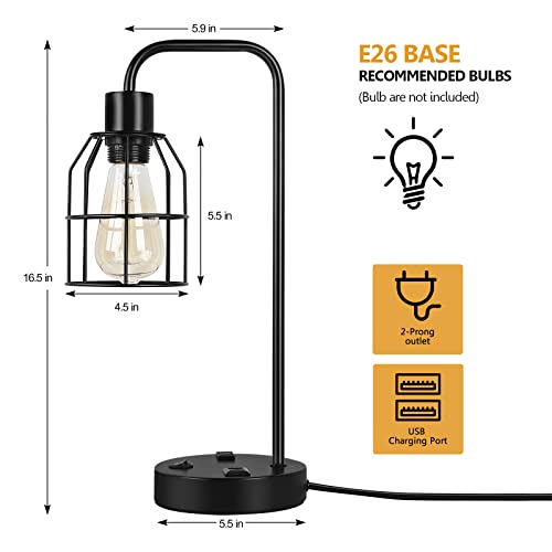 BTY Bedside Lamps Set of 2 Industrial Table Lamp with Dual USB Charging Ports and 2 Prong AC Outlet Farmhouse Nightstand Desk Lamps Edison Lamp with Metal Wire Cage for Bedroom Living Room - size: CAGE 3