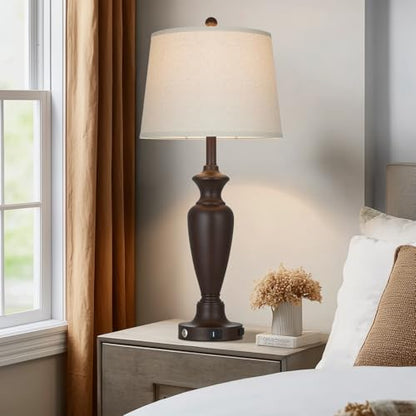 Cinyirong 30" Tall Metal Table Lamps Set of 2, Touch Control Bedside Lamps for Bedroom Nightstand, 3-Way Dimmable Farmhouse Lamp for Living Room with Charging Ports, Brown (2 LED Bulbs Included) - color: Brown (2 Pack)