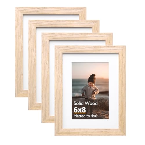 6x8 Picture Frame Natural, Solid Wood Frames with Acrylic Plexiglass for Pictures 4x6 with Mat or 6x8 without Mat, Tabletop and Wall Display Photo Frame, Set of 4 - color: Natural, size: 6x8