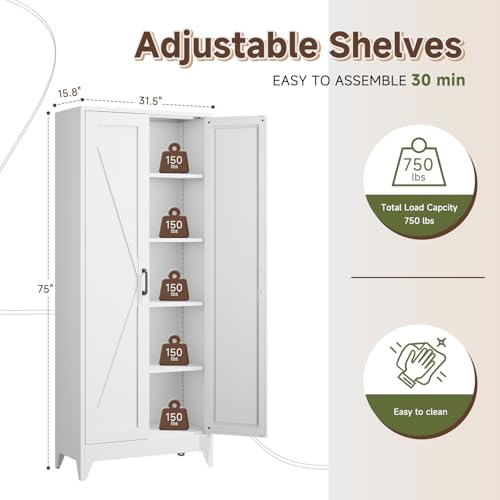 75" H Metal Storage Cabinet with 2 Doors and 4 Shelves,Tall Kitchen Pantry Cabinets,Farmhouse Utility Pantry Organizers for Cupboard/Dining/Bathroom/Home Office/Garage,White - color: White, size: 16” D x 32” W x 75” H