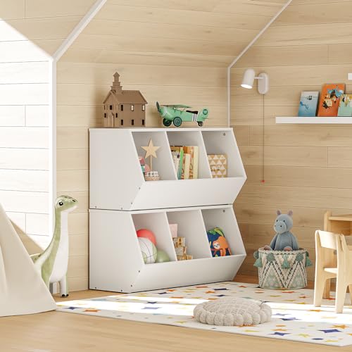 HOOBRO Toy Storage Cubby, Kids Bookshelf, Stackable 3-Bin Toy Storage Cabinet, Bookcase Footboard, Children's Toy Shelf, Hallway, White WT30CW01 - color: White