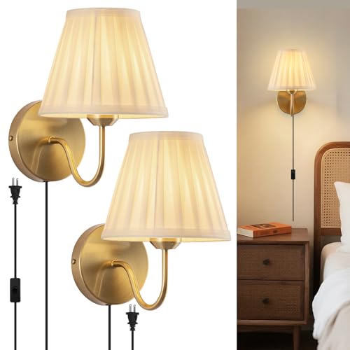 Plug in Wall Sconces Set of Two, Fabric Shade Wall Light with On/Off Switch, Plug in Wall Mount Lamps Wall Decor Set of 2, Gold Sconces Wall Lighting Fixture for Bedroom Bedside Living Room Porch - color: Gold