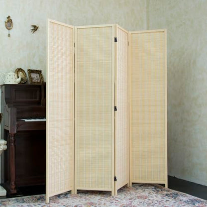 4 Panel Bamboo Room Divider - 5.6 ft Tall Folding Privacy Screen, Natural Beige Freestanding Partition Wall for Home Office & Room Separation (67" H x 61.4" W) - color: Beige, size: 4 Panel
