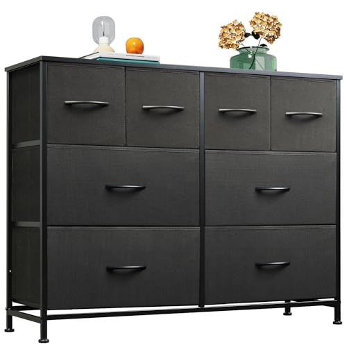 WLIVE Wide Dresser for Bedroom, 8 Drawer Chest of Drawers, Black | 8 roomy fabric drawers, Wide storage design, Bedroom or closet use, Sturdy steel frame, Smooth wood tabletop - color: Black, style: 8 Drawers