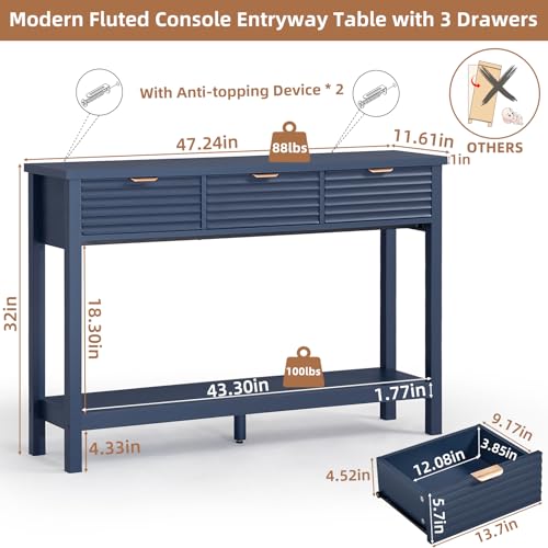 LEYAOYAO 47.2" Fluted Console Table with 3 Drawers, Blue Entryway Table | Modern Wood 2 Tier Entry Table, with Open Storage Shelf, Farmhouse Sofa Table Behind Couch, for Living Room, Hallway, Foyer - color: Dark Navy Blue