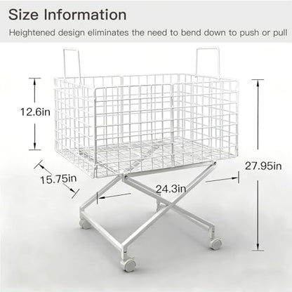 Rolling Laundry Basket with Wheels, 27" Elevated 80L Cart White | Durable metal cart with 360° swivel wheels glides smoothly, while the 27" elevated design reduces bending