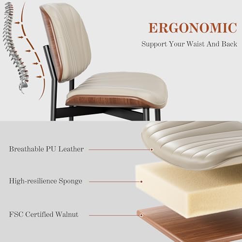 Dining Chairs Set of 2, Mid-Century Modern Upholstered PU Leather Chairs | with Walnut Bentwood Back and Metal Legs Adjustable Feet for Kitchen Dining Room, Greige Shell Strips - color: Greige Shell Strips